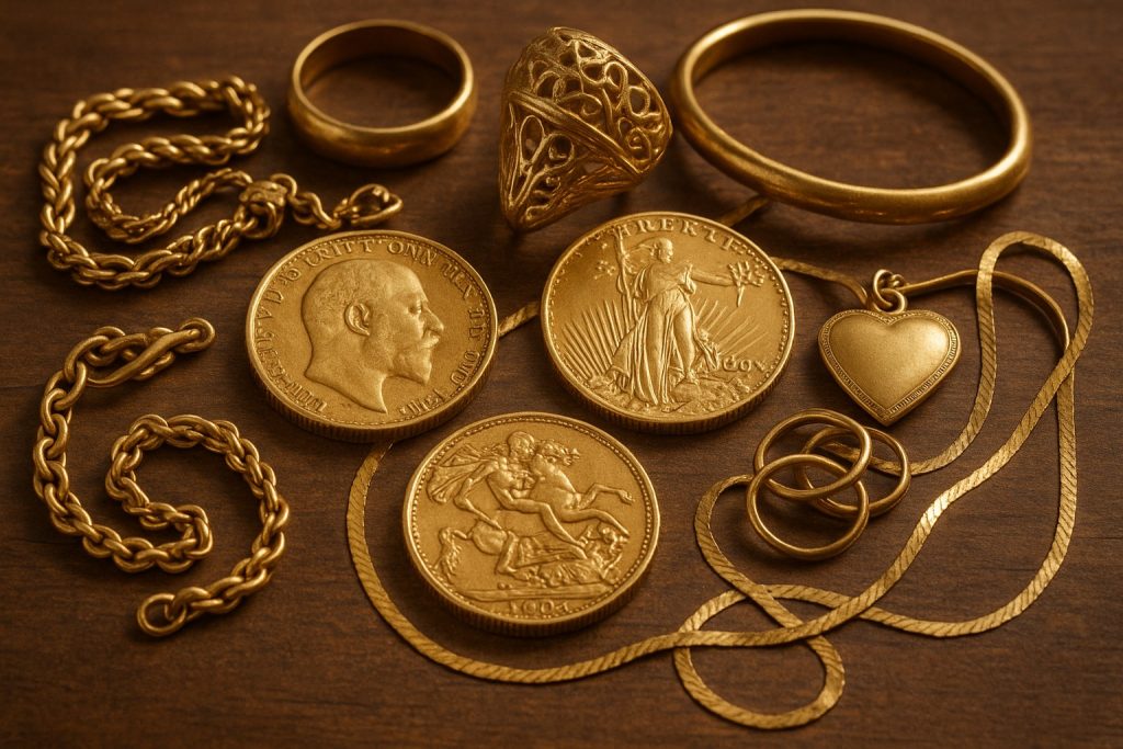Old scrap gold jewellery and coins ready for valuation
