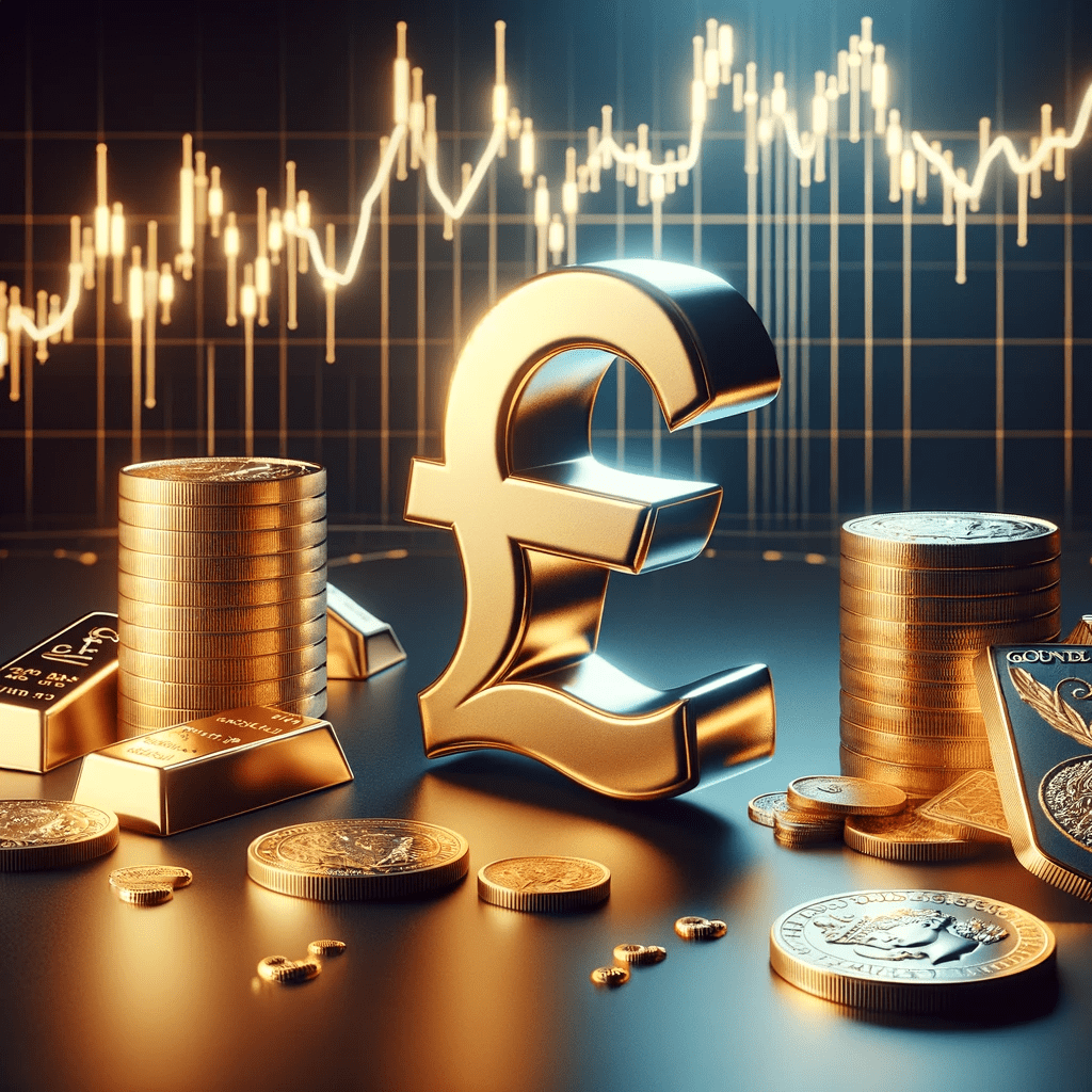 pound sterling symbol with gold bullion around the outside. Price ticker in the background.