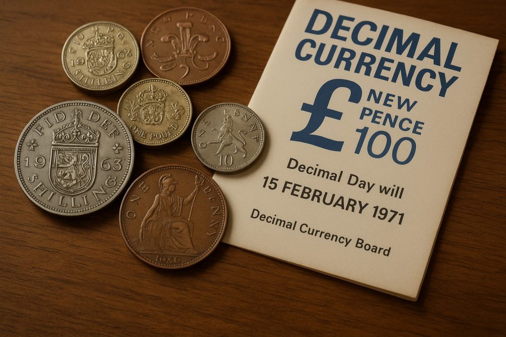 Old and new British coins from Decimal Day 1971 on wooden background