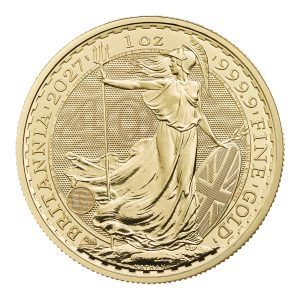 Reverse of the 2027 1oz Gold Britannia featuring Philip Nathan’s Britannia design and 40th anniversary privy mark