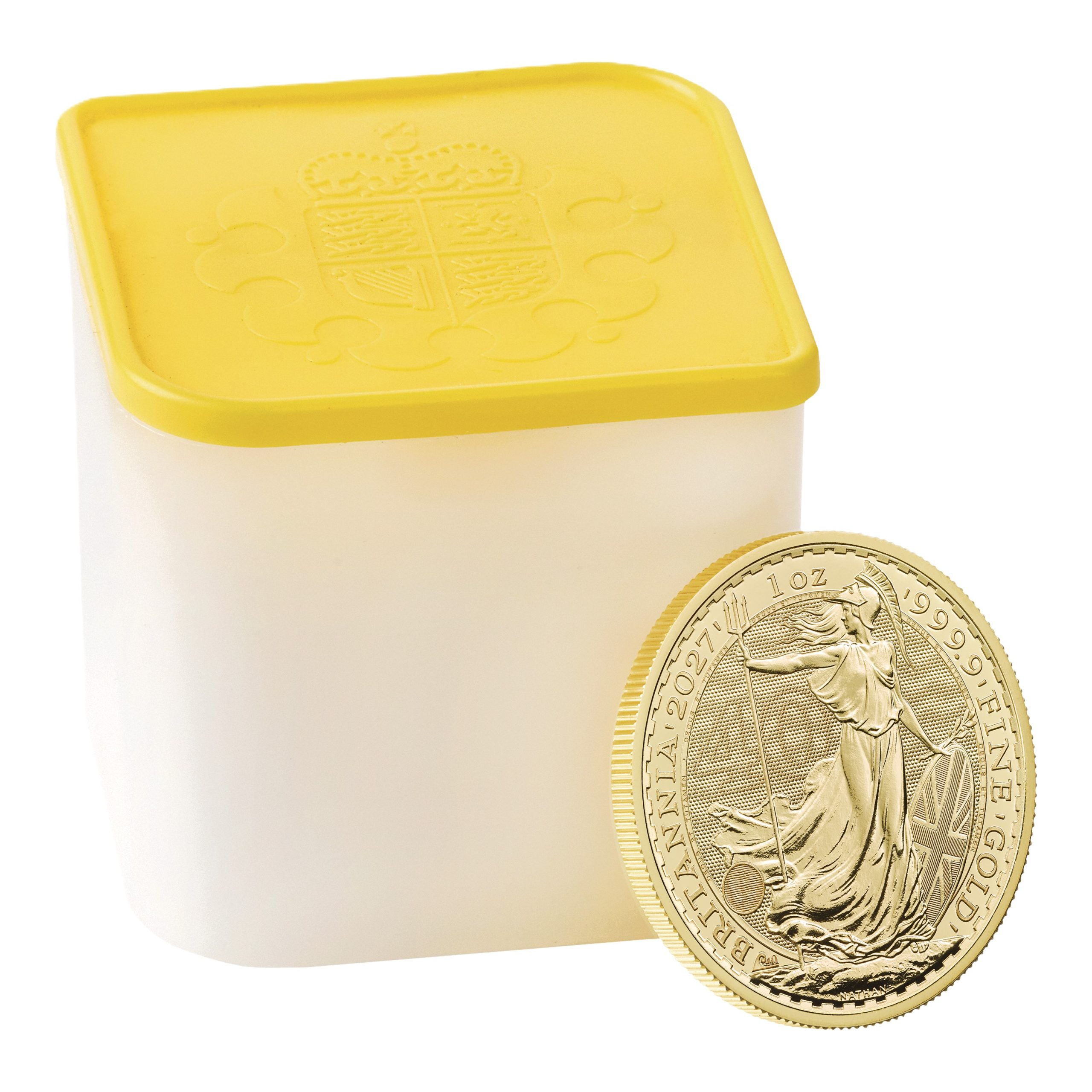 2027 1oz Gold Britannia bullion coin displayed alongside its Royal Mint storage tube