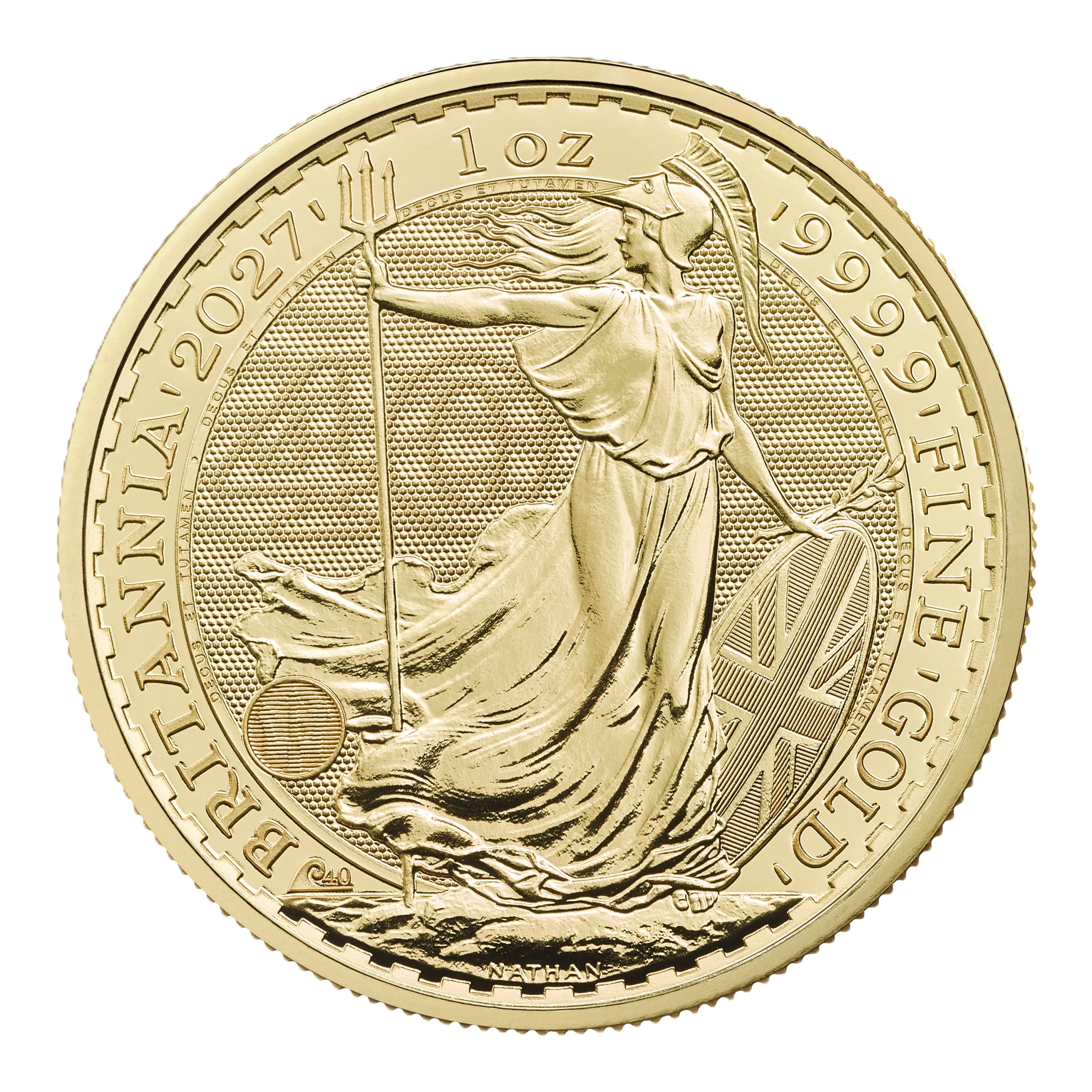 Reverse of the 2027 1oz Gold Britannia featuring Philip Nathan’s Britannia design and 40th anniversary privy mark