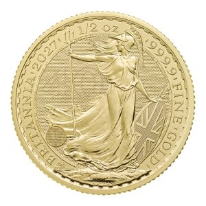 Reverse of the 2027 1/2oz Gold Britannia featuring Philip Nathan’s Britannia design and 40th anniversary privy mark