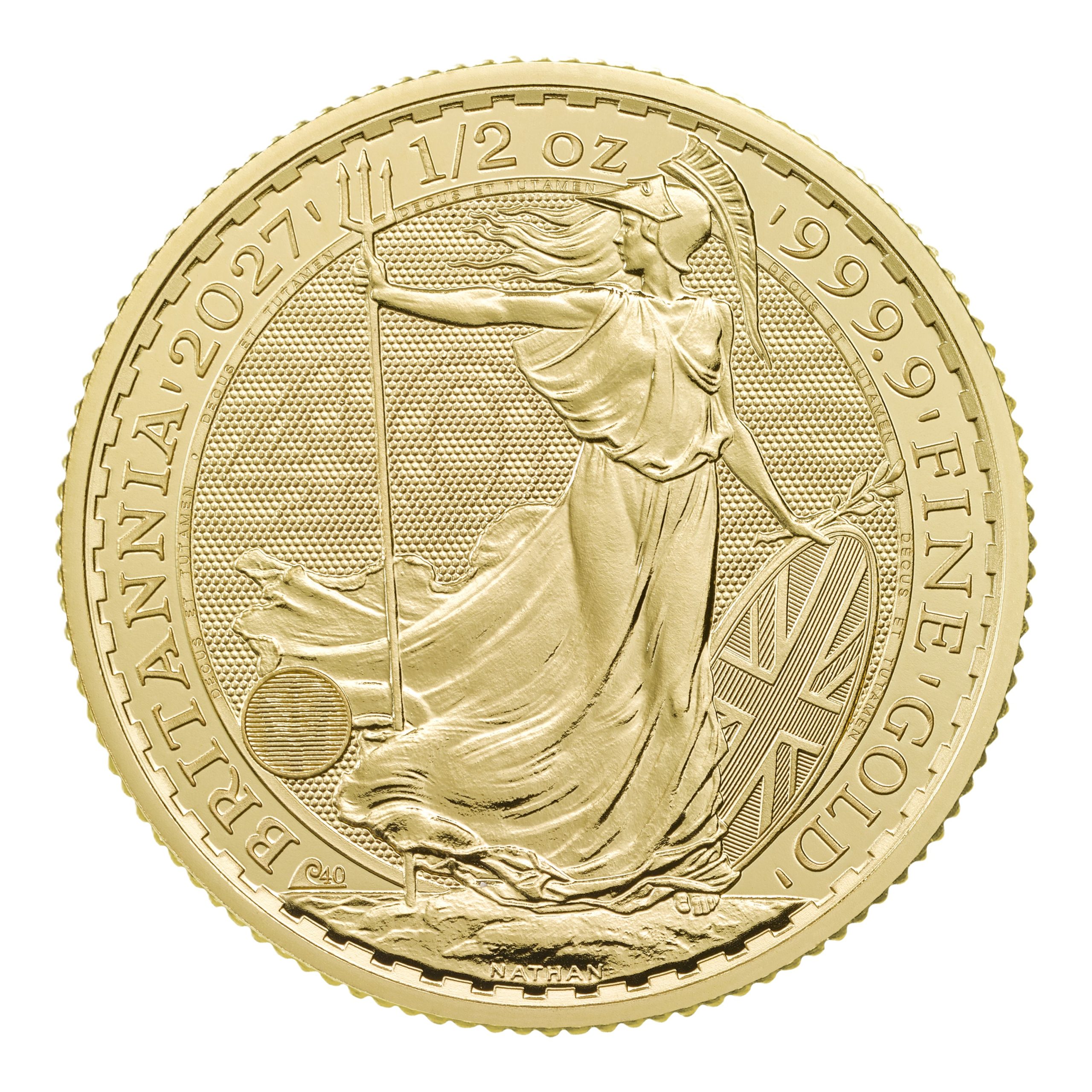 Reverse of the 2027 1/2oz Gold Britannia featuring Philip Nathan’s Britannia design and 40th anniversary privy mark