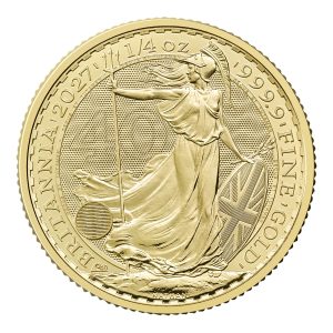 Reverse of the 2027 1/4oz Gold Britannia featuring Philip Nathan’s Britannia design and 40th anniversary privy mark