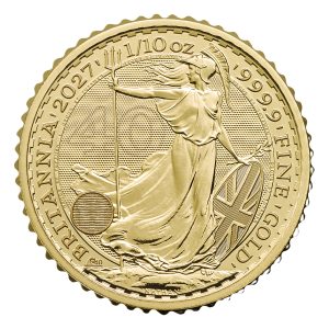 Reverse of the 2027 1/10oz Gold Britannia featuring Philip Nathan’s Britannia design and 40th anniversary privy mark