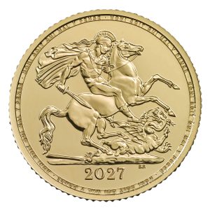 2027 Gold Half Sovereign coin reverse featuring St George slaying the dragon in traditional yellow gold.